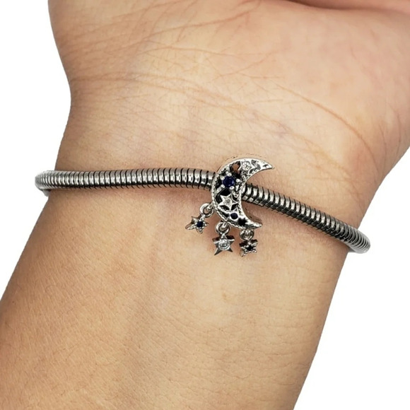 Crescent Moon and Stars Dangle Bracelet Charm Sterling Silver 925 Dream Big - Picture 2 of 6